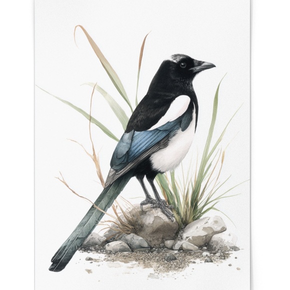 Watercolor Magpie Bird Wall Art Print, Unframed - Elegant Nature-Inspired Decor - Picture 2 of 6